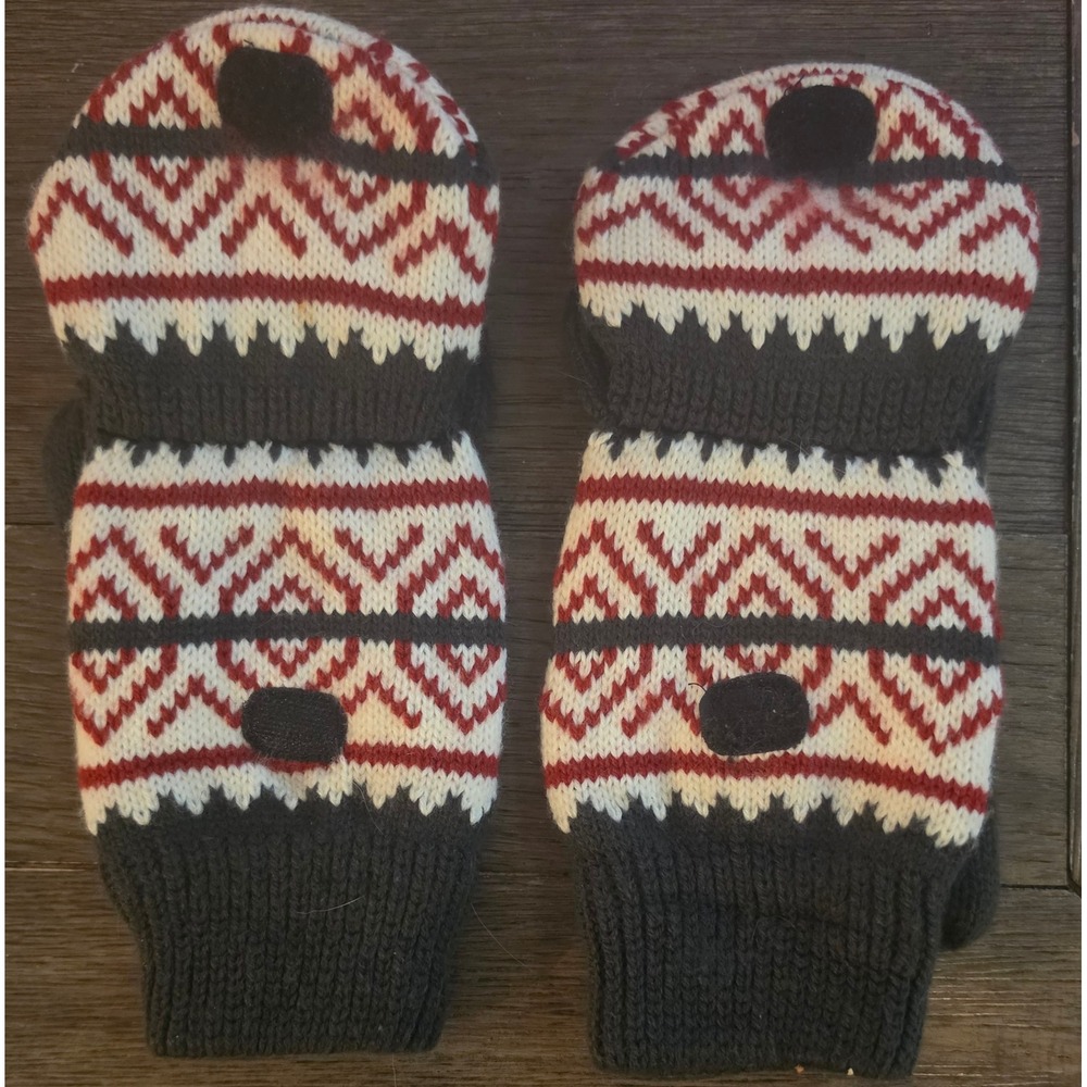 Icelandic Flip Top Mittens Convertible Fingerless Gloves Grey Red Nordic S/M